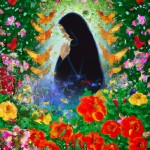 یک خانم چادری در حال عبادت صورتش معلوم نباشه و در جای معنوی مثلا بهشت آسمان یا میان گل ودخت پرنده باشه ( مناسب روی سنگ مزار )