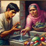 نقاشی تصویر یک نفر که در آب و غذا اسراف می کنند و یک مادر می‌گوید بخورید و بیاشامید و اسراف نکنید