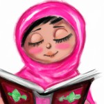 یک دختر شیعه در حال خواندن قرآن با روسری صورتی و چشم های بسته و لب خندان جوری که دندان هاش دیده نشه و سرش یک مقداری پایین باشه از جهت رو به رو زمینه سفید باشه
