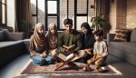 "Iranian Shia Muslim family sitting in a warm, intimate circle in their modern living room, reading Quran together. 40-year-old father in contemporary Iranian clothing holds a Quran, 15-year-old son in youth fashion follows along, 35-year-old mother in elegant manteau and perfect headscarf points to a verse, 6-year-old adorable daughter with big eyes listens attentively. All sitting on Persian carpets in a circle, Quran on wooden stand in center. Warm evening light, fami