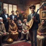 "Iranian family gathering in a traditional Tehran home. All relatives are listening to a wealthy uncle boast about his new car. But in the corner, a 16-year-old Iranian boy in modern clothing has just performed a beautiful traditional Persian song on a setar (Persian lute). Everyone is turning their attention to him, surprised and impressed. The boy stands confidently, holding his instrument, with a subtle smile of earned recognition. The wealthy uncle looks surprised. Warm lighting, authentic I