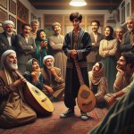 "Iranian family gathering in a traditional Tehran home. All relatives are listening to a wealthy uncle boast about his new car. But in the corner, a 16-year-old Iranian boy in modern clothing has just performed a beautiful traditional Persian song on a setar (Persian lute). Everyone is turning their attention to him, surprised and impressed. The boy stands confidently, holding his instrument, with a subtle smile of earned recognition. The wealthy uncle looks surprised. Warm lighting, authentic I