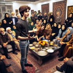 "Iranian family gathering in a modern-traditional Tehran living room during Nowruz or family ceremony. A 16-year-old Iranian boy in contemporary clothing stands confidently addressing his extended family - grandparents, parents, aunts, uncles, cousins all listening attentively. He gestures expressively while telling a compelling story or sharing an interesting achievement. The wealthy materialistic uncle sits in the background looking surprised that attention has shifted to the teenager. The bo