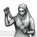 ورزشکار زن محجبه برنده با در دست داشتن مدال بصورت خطی بدون هیچ رنگ