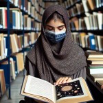 تصویر یک دختر محجبه بدون ماسک که در کتابخانه یک کتاب نجوم و فضایی با نوشته های فارسی مطالعه می کند