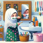 نقاشی یک دختر محجبه در حال مسواک زدن شیر آب را ببندد
