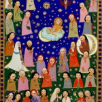 یک تصویر کودکانه از امام حسن عسکری که حضرت مهدی تازه متولد شده را در آغوش دارند و حضرت نرجس و حکیمه خاتون و جمعی از فرشتگان در کنار ایشان هستند، دقت کن که چهره همگی نورانی باشد و فرشتگان و بانوان با حجاب کامل باشند