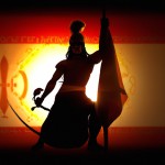 یک تصویر از آریو برزن برام بساز که پرچم هخامنشی در پشتش باشه و یک  شمشیر در دستش باشه