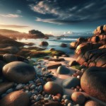 A serene and rugged rocky beach scene with large granite boulders and smooth pebbles scattered along the shoreline, set against a backdrop of a clear blue sky with a few wispy clouds, warm sunlight casting a gentle glow on the waves as they gently lap against the rocks, with a mix of seaweed and beach flowers adding splashes of green and vibrant colors to the landscape, and in the distance, the horizon meets the sky at a subtle curve, creating a sense of depth and tranquility, with the overall m