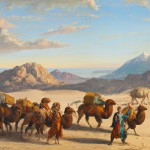 “realistic photo of a medieval Persian trade caravan in the desert, several Bactrian camels walking in a line, loaded with carpets and goods, merchants wearing simple 13th century Persian and Mongol clothing, desert mountains in the background, warm sunset light, natural colors, documentary photography, high detail, realistic, no fantasy”