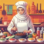 تصویر خانم آشپز با روپوش آشپزی سفید  محجبه بدون اینکه موهاش معلوم باشه در حال پخت قیمه در آشپزخانه ای با رنگ های گرم و روشن