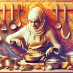 تصویر خانم آشپز با روپوش آشپزی سفید محجبه بدون اینکه موهاش معلوم باشه در حال پخت قیمه در آشپزخانه ای با فضای واقعی و رنگ های گرم و روشن