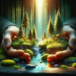 hands gently holding a miniature lush forest landscape with small trees, colorful wildflowers, moss-covered rocks, and a flowing clear stream, sunlight streaming through tall pine trees in the background, highly detailed, realistic texture of hands and nature elements, vibrant colors, serene and magical atmosphere