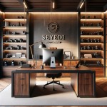 Photorealistic luxury photography office, warm natural light,» dark walnut executive desk, stylish executive chair, subtle background shelves with photo equipment, premium wall texture, above the desk a realistic wall sign reading "Seyedi",
perfectly clear readable text, realistic shadows, clean
«.composition, 1k
