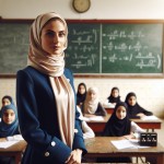 من یک معلم مدرسه دخترانه هستم با مانتو سرمه ای و مقنه کرم رنگ