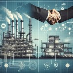 "A professional and sleek PowerPoint slide background for a corporate management presentation about 'Management Block Purchase Model'. The visual should represent a strategic acquisition of a petrochemical company (Petroshimi Ghadir) with a focus on infrastructure revival: a modern 23 MW power plant and a 110-ton steam utility unit. Use a split-screen design: left side shows a symbolic handshake over a blueprint of an industrial complex with power plant icons, pipes, and steam clouds; right side
