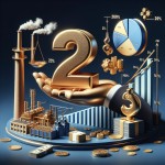 A professional 3D rendered image for a corporate finance slide about "Scenario 2: 2% Share Purchase & Capital Increase". The image shows a large 2% symbol made of gold, next to a bar graph showing capital increase from 130 billion to 600 billion Iranian Toman. A power plant icon (23 MW) and steam icon (110 tons) are connected to a factory. A hand holding a stack of cash and another hand offering stock shares. In the background, a subtle pie chart shows 2% ownership. Color palette: royal blue, go