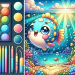 create 2D animated charachter near the sea , the main is a beautiful and cute Fish and cartooni style , colorful scene ,8k.