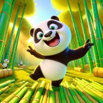 scène: create colorful 3D cartoon animation, a happy panda dancing in a bamboo forest, bright colors, playful atmosphere, dynamic camera movement