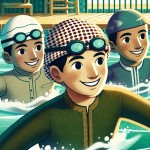 عکس سه تا پسر بچه ایرانی که در استخر شنا هستند و با مایوی شنا، بکگراند استخر شنا، پسر وسطی عینک و کلاه شنا داره، خندان هستند، هر سه حدود 12 تا 14 ساله و سفید پوست هستند، با موهای مشکی، سبک عکس فانتزی دو بعدی، چهره هاشون متفاوت باشه، کمی کارتونی باشند