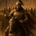 سردار هخامنشی که نام ایران روی زره آن است . در حالی که روی اسب زره پوش خود سوار است و در حالت تاختن است . زاویه دوربین از جلو سردار است روی زره اسب نشان فروهر وجود دارد پشت سردار پر است از سرباز های هخامنشی