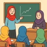 یک تصویر کارتونی میخوام برام بسازی از یک دانش آموز با حجاب زیبا که داره رو به روی تخته سیاه کلاس درس رو برای بقیه ی دانش آموزان و معلمش که پشت میز نشسته ارائه میده همه باید حجاب داشته باشن