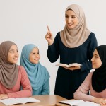 یک معلم با حجاب زیبا در حال درس دادن به دانش آموزان با حجاب برام بساز با پس زمینه ی سفید و اینکه صورت دانش آموزا پیدا باشه و هم معلم و هم دانش آموزا زیبا باشن
