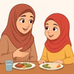 یک مادر و دختر کارتونی زیبا و با حجاب برام طراحی کن که دارن سر میز شام با هم صحبت میکنن صورت هاشون معلوم باشه و پس زمینه سفید باشه