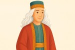 Create a high-quality vertical A4 educational illustration of Zal from the Shahnameh, for a second grade classroom. Show him as a noble Persian epic character with distinct white hair from childhood, a kind and wise face, and elegant traditional Persian clothing. He should look dignified, thoughtful, and gentle, not old and weak. The illustration should clearly emphasize his unusual white hair as his defining feature. Use a clean background and a bright, child-friendly visual style inspired by P