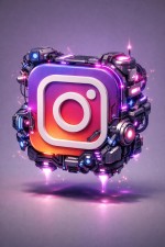 A high-quality 3D isometric render of a floating Instagram logo being upgraded with futuristic glowing mechanical parts and neon circuits. Vibrant purple and pink lighting, clean clay-style background, 8k resolution, cinematic lighting, social media marketing aesthetic.