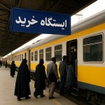 تصویر یه ایستگاه قطار تو ایران که یه قطار توش ایستاده مردم دارن سوارش میشن و روی تابلوی ایستگاه نوشته "ایستگاه خرید"پ