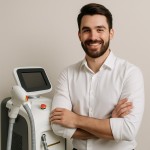 ی کمرد خوشتیپ با ریش متوسط کنار یه دستگاه لیزر مو های زائد ایستاده و لبخند میزنه