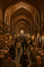 یک تصویر از یک بازار با نمای بازار های سنتی ایرانی و تم قهوه ای و آجری که بیانگر اصلات ایرانی باشه، بازار نسبتا شلوغ باشه و از نمای اکستریم لانگ شات استفاده کن یک مقدار بالا تر از eye level  و زاوریه دید از مرکز راهرو بازار باشه