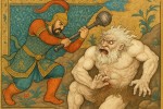 رستم در حال شکست دادن غول سپید با گرزش از طرح های ایرانی استفاده کن
