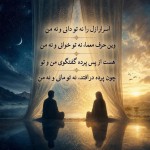 تصویر سازی انجام بده ، متن شعر هم داخلش باشه: اسرار ازل را نه تو دانی و نه من
وین حرف معما، نه تو خوانی و نه من
هست از پس پرده گفتگوی من و تو
چون پرده در افتد، نه تو مانی و نه من