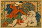 رستم در حال شکست دادن غول سپید با گرزش از طرح های ایرانی استفاده کن