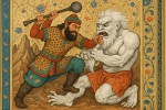 رستم در حال شکست دادن غول سپید با گرزش از طرح های ایرانی استفاده کن