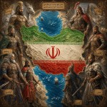 وسط تصویر یه نقشه ایران به رنگ پرچم ایران بکش که دریای شمال و جنوب رو هم داشته باشه و اطراف نقشه قهرمانان شاهنامه در حال پاسبانی  از نقشه ایستاده باشند