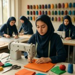تصویری از 4 دختر دبیرستانی ایرانی با لباسهای آبی تیره در یک کارگاه تولیدی لباس روشن و در حال کار کردن بساز. دختر جلوی تصویر در حال دوخت با ماشین خیاطی صنعتی بر روی پارچه های رنگی باشد و دقت داشته باشد. عقب تر تصویر دو دختر در حال بریدن پارچه بر روی میز برش باشند نور طبیعی آفتابی از پنجره‌ها وارد می‌شود . در اطرافشان قیچی، بالشتک سوزن ته گرد و سوزن ته گرد، کاغذ الگو ها و دوک نخ های رنگی. قرقره های رنگی زیاد بر روی دیوار کارگاه دیده شود سانتیمتر بر گردن دوتا دختر باشد یک ماشین خیاطی هم عقب تر باشد