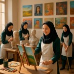 تصویری از 4 دختر دبیرستانی ایرانی با لباسهای سبز تیره و پیشبند سفید در یک کارگاه نقاشی روشن و در حال کار کردن بساز با نشاط. دختر جلوی تصویر در حال نقاشی روی بوم و سه پایه تیره و ایستاده باشد کمی دقت داشته باشد. دو دختر در حال ساخت مجسمه سردیس و آناتومی باشند یکی هم در حال تمیز کردن کارگاهنور طبیعی آفتابی از پنجره‌ها وارد می‌شود . در اطرافشان رنگ روغن و بوم و لوازم هنری رنگی باشد . روی دیوار کارگاه 8 تابلوهای نقاشی چیدمان شده باشد