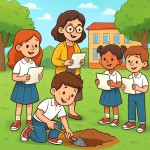 دانش آموزان به همراه معلم در حیات مدرسه هستند و یکی از دانش آموزان در حال کندن گودالی است بقیه دانش آموزان و معلم برگه دستشان است این تصویر به صورت کارتونی باشد مثل تصاویر قبل