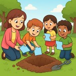بچه‌ها به همراه خانم معلم در حال گذاشتن برگه‌های خودشان داخل گودال هستند و یکی از آنها در حال پر کردن گودال این تصویر به صورت کارتونی باشد مانند تصویرهای قبل ساخته شده