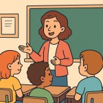 خانم معلم در حال حرف زدن با دانش آموزان است این تاثیر به صورت کارتونی و مانند تصاویر قبل باشد
