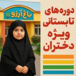 یک پوستر و عکس طراحی کن
گوشه تصویر یک دختر کوچک با حجاب کامل جلوی کودکستان باغ ارزو  
سمت دیگر بزرگ بنویس دوره های  تابستانه ویژه دختران 
شش نوار معرفی