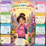یک پوستر برام طراحی کن که توش با جذابیت بصری زیبا و فانتزی چکیده و خلاصه ریاضی سوم دبستان قرار گرفته باشه. در مرکز تصویر یک دختر  نه سالهٔ شاد و باهوش باشه و علائم ریاضی در پس زمینه تصویر مثل یک شهر شاد قرار گرفته باشه. سرفصل دروس و خلاصه ای از دانش ریاضی سوم دبستان در اطراف تصویر قرار بگیره . روی لباس دختر بچه اسم روشنا نوشته شده باشه و یک خورشید بزرگ با نور کم در پس زمینه باشه