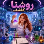 یک پوستر فانتزی برام طراحی کن که پس زمینه فضای یک آزمایشگاه بسیار مدرن و زیبا رو در آینده نشان می دهد نشون بده که در وسط صفحه دختر جوانی با موهای بلند گوجه ای پشت میزی نشسته و  لباس سفیدی بر تن دارد که روی لباس نوشته شده روشنا  و روی میز انواع محلول ها با رنگ های مختلف و ابزارهای آزمایشگاه مرتب چیده شده باشد. چشم های دختر خندان و هیجان زده داشته باشد. در حالیکه انگار کشف تازه ای کرده.  بالای صفحه نوشته شده باشد روشنا  کاشف