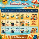 یک پوستر برام طراحی کن که یک جدول هفتگی برای روتین تابستانه باشه، محتوای تصویر تابستان و سرگرمی را القا کند. روز شنبه صبح کلاس زبان، عصر جادوی ریاضی. روز یکشنبه صبح باشگاه والیبال، عصر مخترع کوچک،روز دوشنبه صبح کلاس زبان، عصر جادوی ریاضی، روز سه شنبه صبح باشگاه والیبال، عصر مخترع کوچک، روز چهارشنبه، صبح توریست شهری ، عصر جادوی ریاضی، روز پنج شنبه آزاد، جمعه تعطیلات خانوادگی