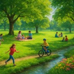 “تصویر یک پارک زیبا در یک روز آفتابی، با درختان سرسبز، چمن‌های نرم و گل‌های رنگارنگ. درختان بزرگ سایه‌ای دلپذیر ایجاد کرده‌اند و خانواده‌ها در حال پیک‌نیک هستند. بچه‌ها در حال بازی و دوچرخه‌سواری هستند و یک جوی آب کوچک با صدای آرام در حال عبور است.”