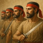 سربازان ایران باستان با سربندی سرخ و شمشیر بر دست و ریش اصلاح شده