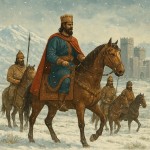 پادشاه ماننا بر روی اسب با همراهانش از قلعه راهی شده و به دشت می روند در فضای ایران باستان در برف